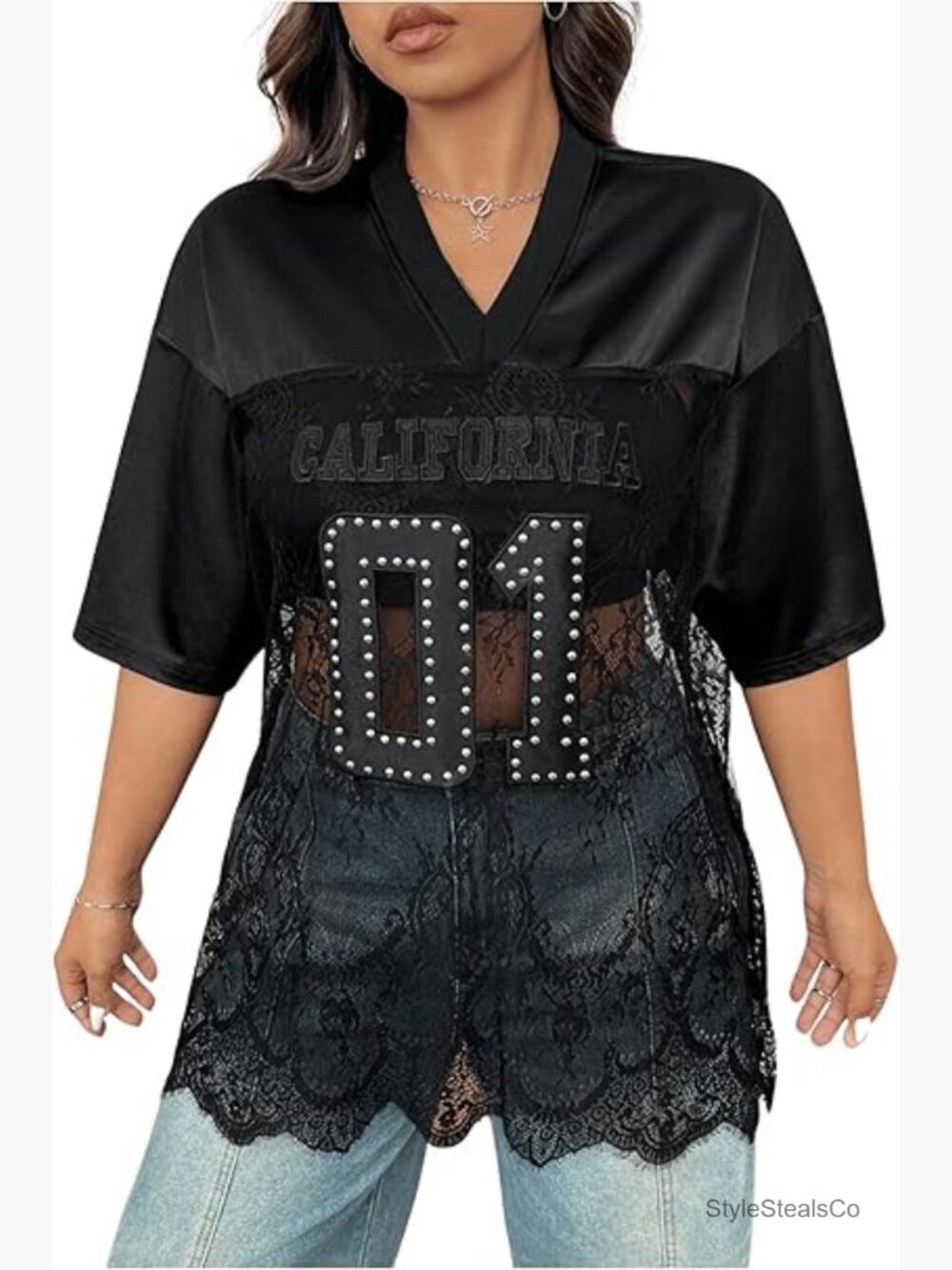Women's Plus Size V-Neck Sheer Lace Tee with Number Graphic Half Sleeve Jersey